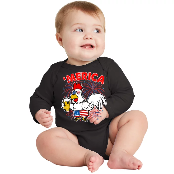 Funny Merica USA Rooster With Beer Baby Long Sleeve Bodysuit