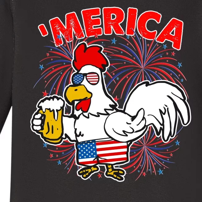 Funny Merica USA Rooster With Beer Baby Long Sleeve Bodysuit