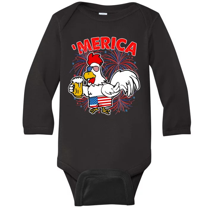 Funny Merica USA Rooster With Beer Baby Long Sleeve Bodysuit