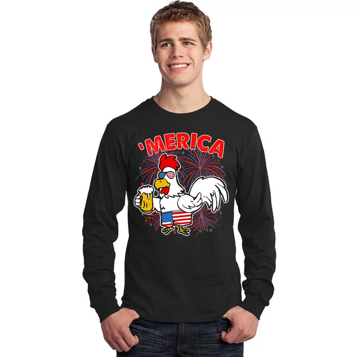 Funny Merica USA Rooster With Beer Tall Long Sleeve T-Shirt