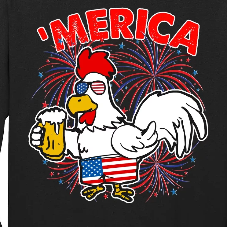 Funny Merica USA Rooster With Beer Tall Long Sleeve T-Shirt