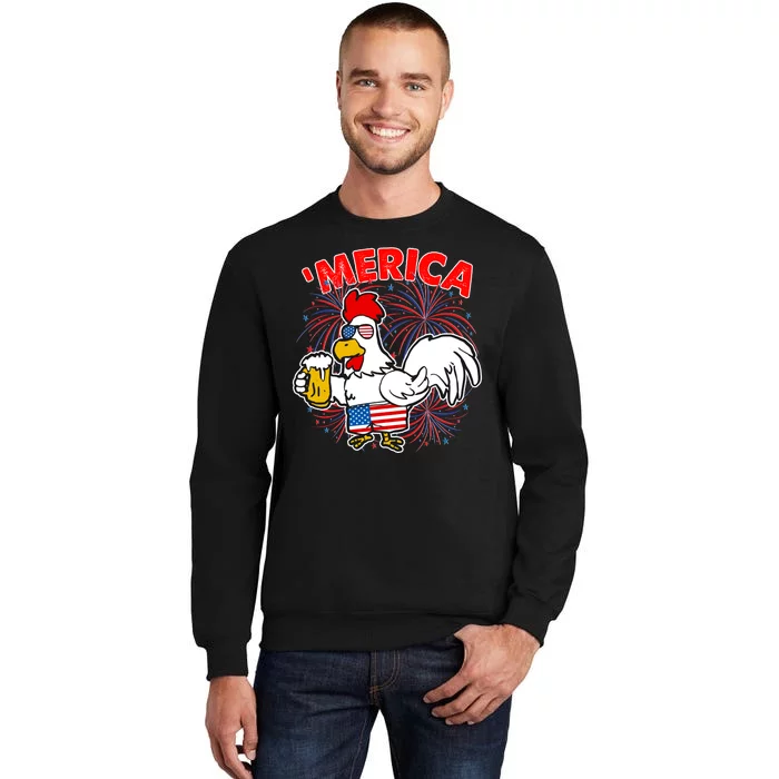 Funny Merica USA Rooster With Beer Tall Sweatshirt