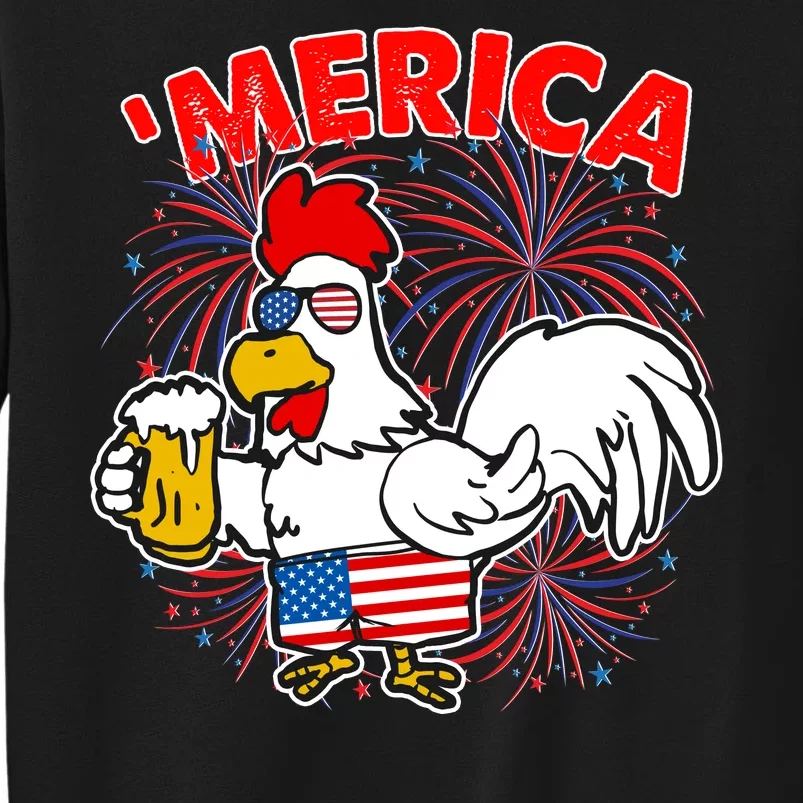 Funny Merica USA Rooster With Beer Tall Sweatshirt