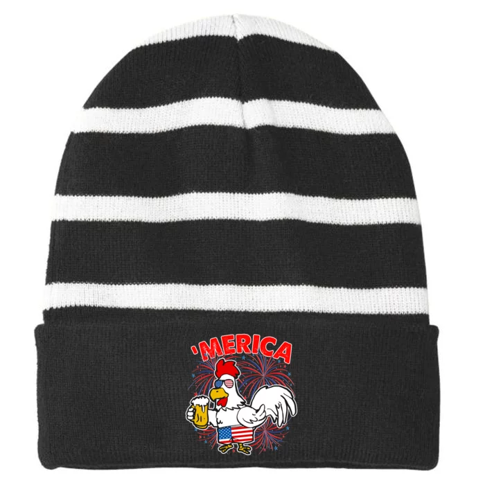 Funny Merica USA Rooster With Beer Striped Beanie with Solid Band