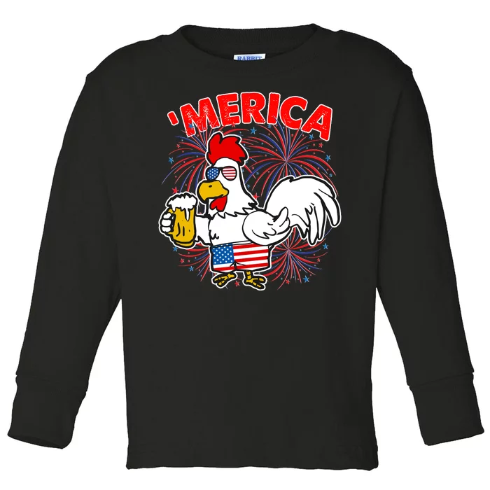 Funny Merica USA Rooster With Beer Toddler Long Sleeve Shirt