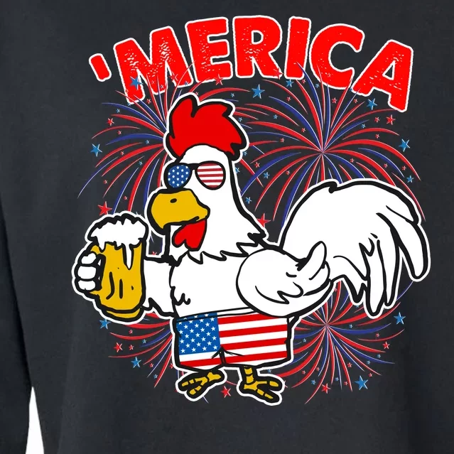 Funny Merica USA Rooster With Beer Cropped Pullover Crew