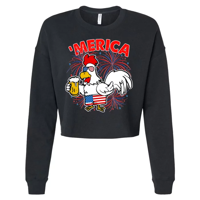 Funny Merica USA Rooster With Beer Cropped Pullover Crew