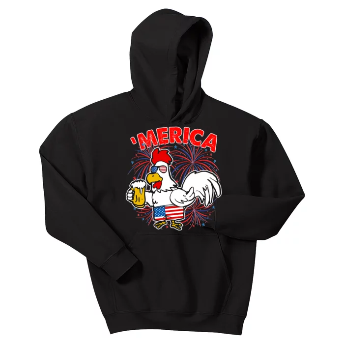 Funny Merica USA Rooster With Beer Kids Hoodie