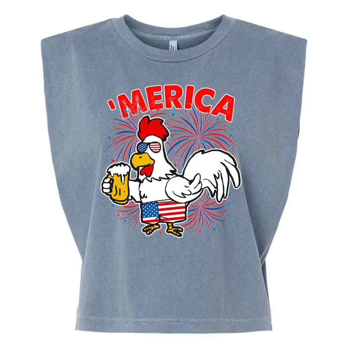 Funny Merica USA Rooster With Beer Garment-Dyed Women's Muscle Tee