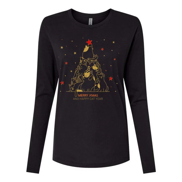 Funny Merry XMas and Happy Cat Year Christmas Tree Womens Cotton Relaxed Long Sleeve T-Shirt