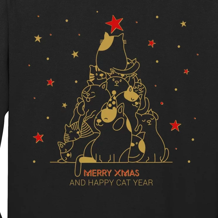 Funny Merry XMas and Happy Cat Year Christmas Tree Long Sleeve Shirt