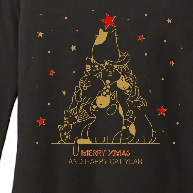 Funny Merry XMas and Happy Cat Year Christmas Tree Womens CVC Long Sleeve Shirt