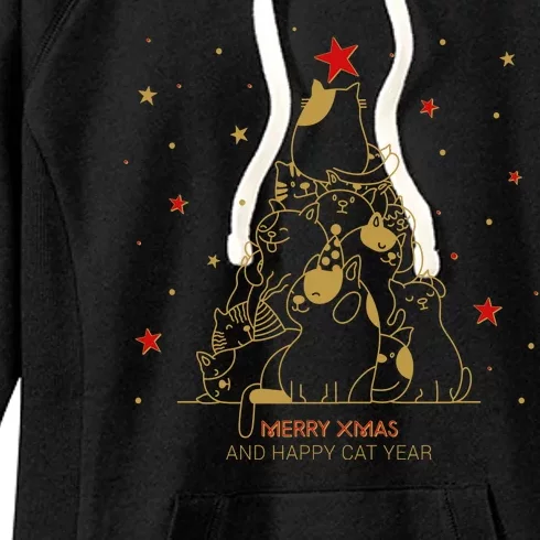 Funny Merry XMas and Happy Cat Year Christmas Tree Women's Fleece Hoodie