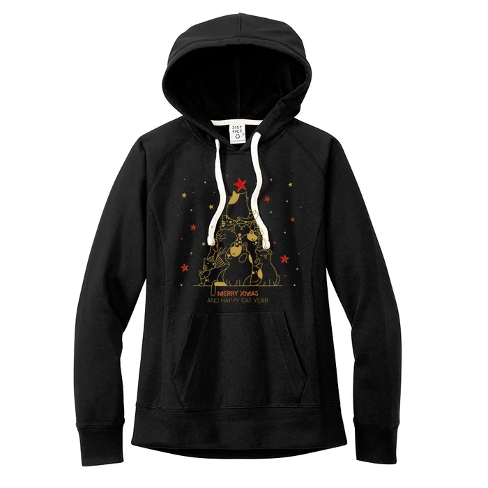 Funny Merry XMas and Happy Cat Year Christmas Tree Women's Fleece Hoodie