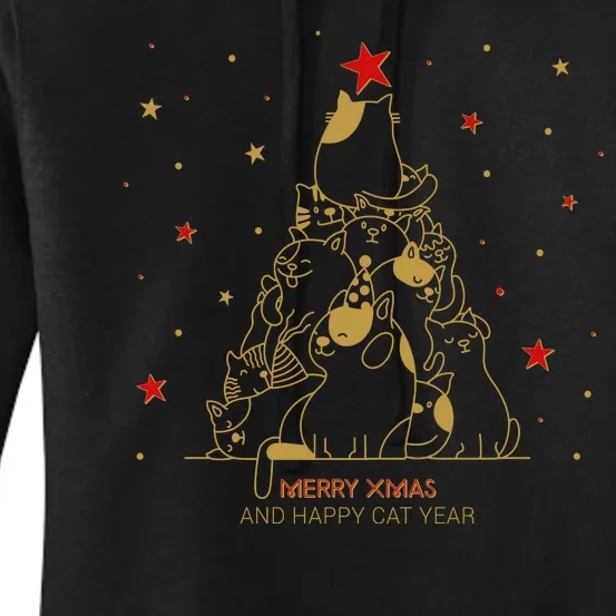 Funny Merry XMas and Happy Cat Year Christmas Tree Women's Pullover Hoodie