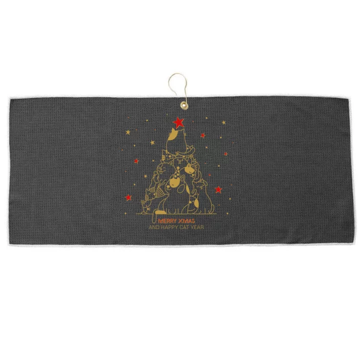 Funny Merry XMas and Happy Cat Year Christmas Tree Large Microfiber Waffle Golf Towel