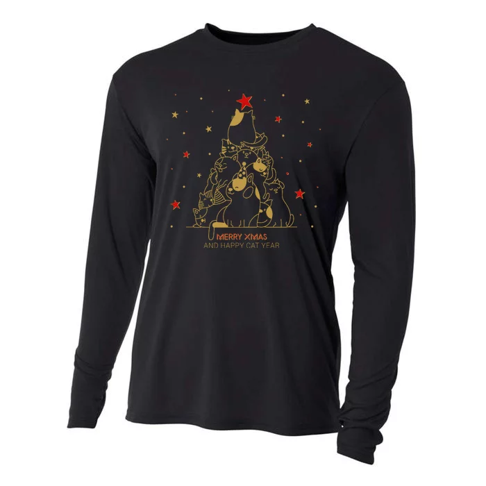 Funny Merry XMas and Happy Cat Year Christmas Tree Cooling Performance Long Sleeve Crew