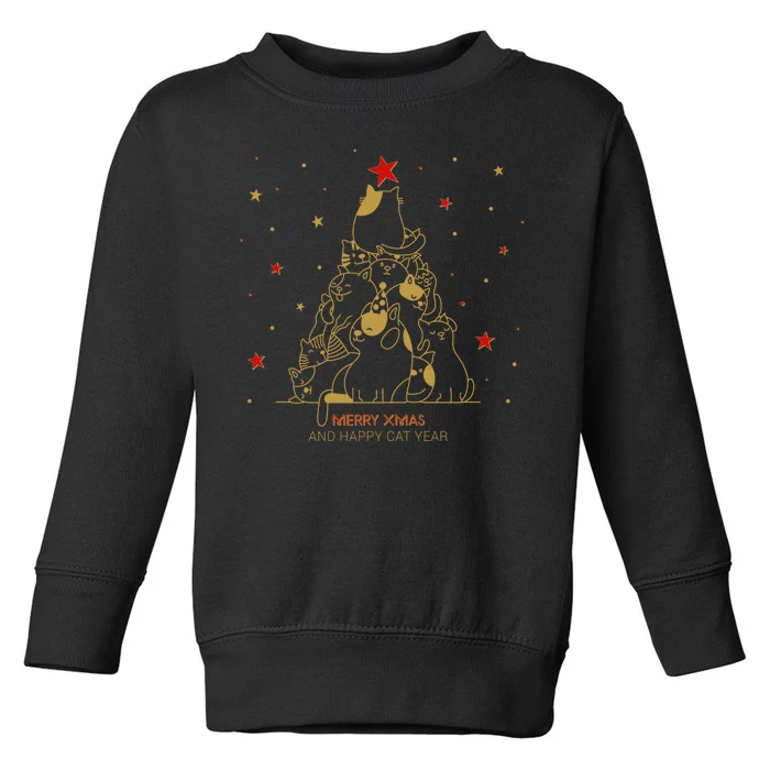 Funny Merry XMas and Happy Cat Year Christmas Tree Toddler Sweatshirt