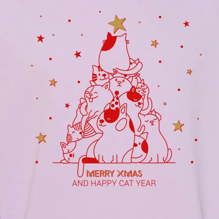 Funny Merry XMas and Happy Cat Year Christmas Tree Garment-Dyed Sweatshirt