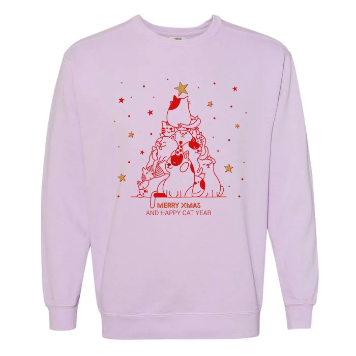 Funny Merry XMas and Happy Cat Year Christmas Tree Garment-Dyed Sweatshirt