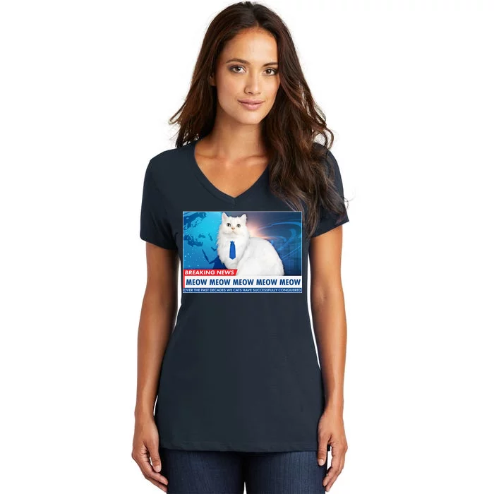 Funny News Anchor Cat Women's V-Neck T-Shirt