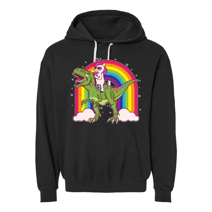 Funny Rainbow Unicorn Riding T-Rex Dinosaur Garment-Dyed Fleece Hoodie