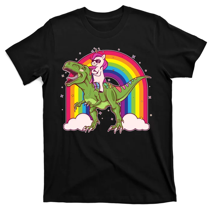 Funny Rainbow Unicorn Riding T-Rex Dinosaur T-Shirt