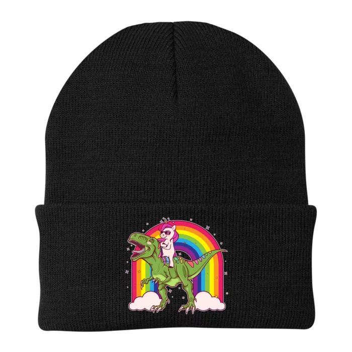 Funny Rainbow Unicorn Riding T-Rex Dinosaur Knit Cap Winter Beanie