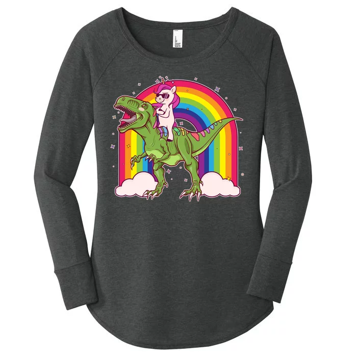 Funny Rainbow Unicorn Riding T-Rex Dinosaur Women's Perfect Tri Tunic Long Sleeve Shirt