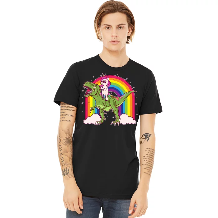 Funny Rainbow Unicorn Riding T-Rex Dinosaur Premium T-Shirt