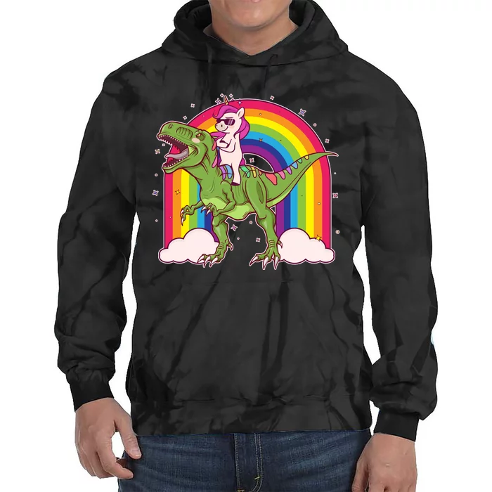 Funny Rainbow Unicorn Riding T-Rex Dinosaur Tie Dye Hoodie