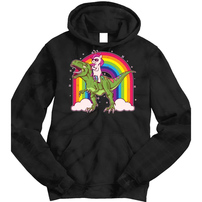 Funny Rainbow Unicorn Riding T-Rex Dinosaur Tie Dye Hoodie