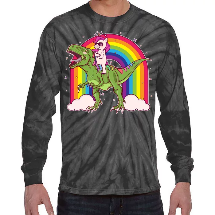 Funny Rainbow Unicorn Riding T-Rex Dinosaur Tie-Dye Long Sleeve Shirt