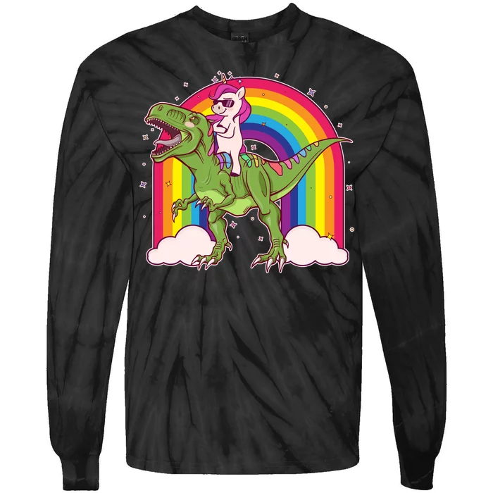 Funny Rainbow Unicorn Riding T-Rex Dinosaur Tie-Dye Long Sleeve Shirt