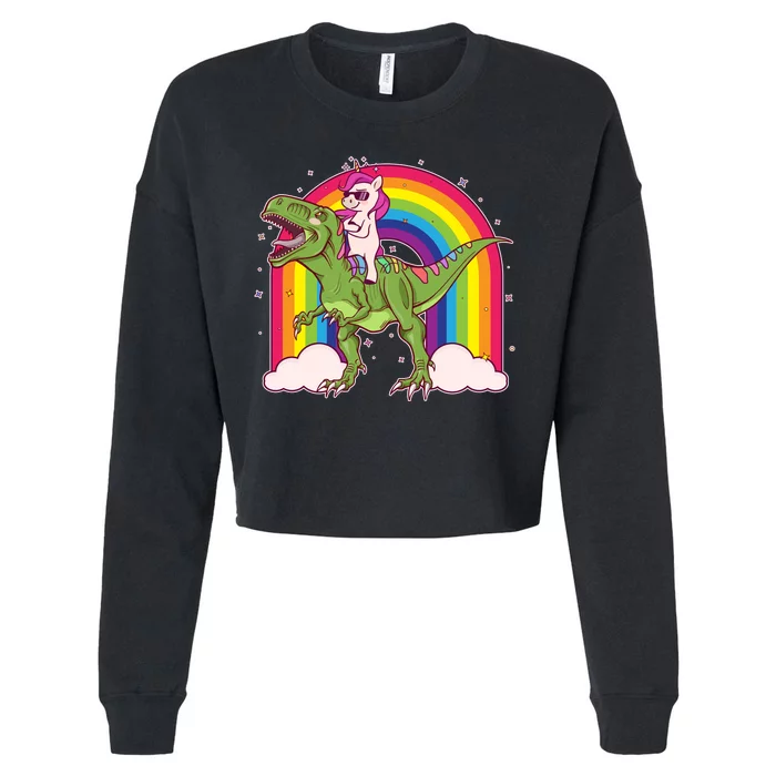 Funny Rainbow Unicorn Riding T-Rex Dinosaur Cropped Pullover Crew