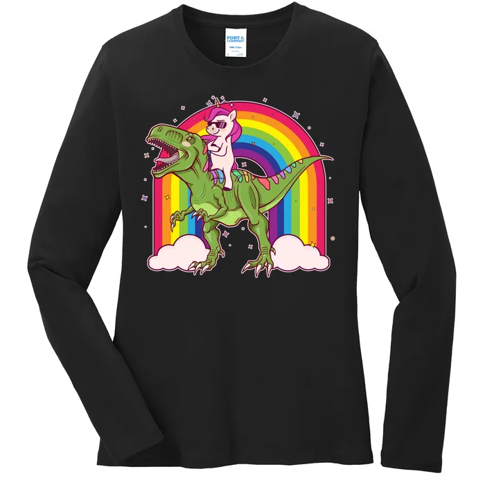 Funny Rainbow Unicorn Riding T-Rex Dinosaur Ladies Long Sleeve Shirt