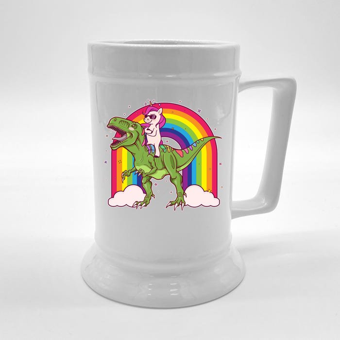 Funny Rainbow Unicorn Riding T-Rex Dinosaur Front & Back Beer Stein