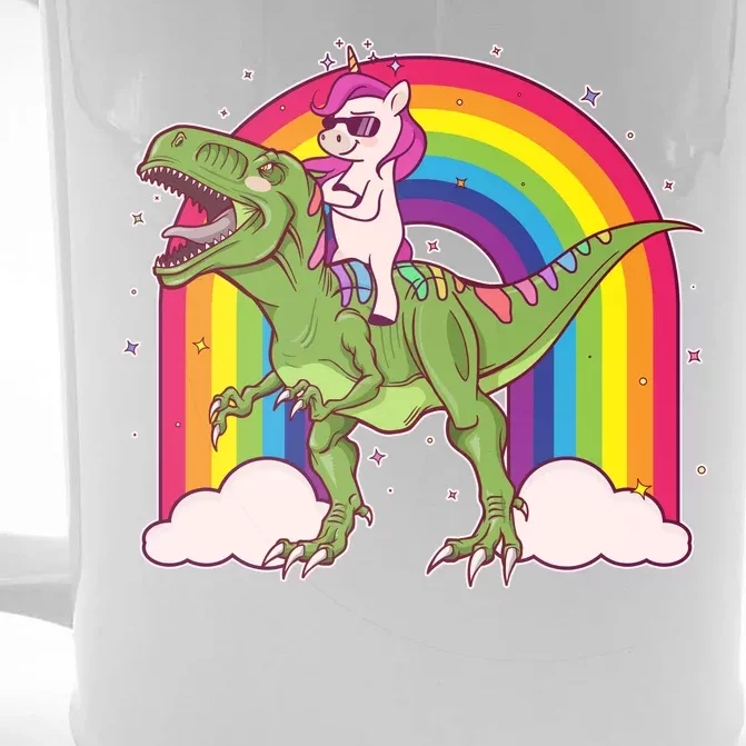 Funny Rainbow Unicorn Riding T-Rex Dinosaur Front & Back Beer Stein