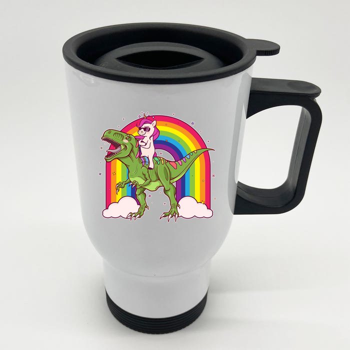 Funny Rainbow Unicorn Riding T-Rex Dinosaur Front & Back Stainless Steel Travel Mug