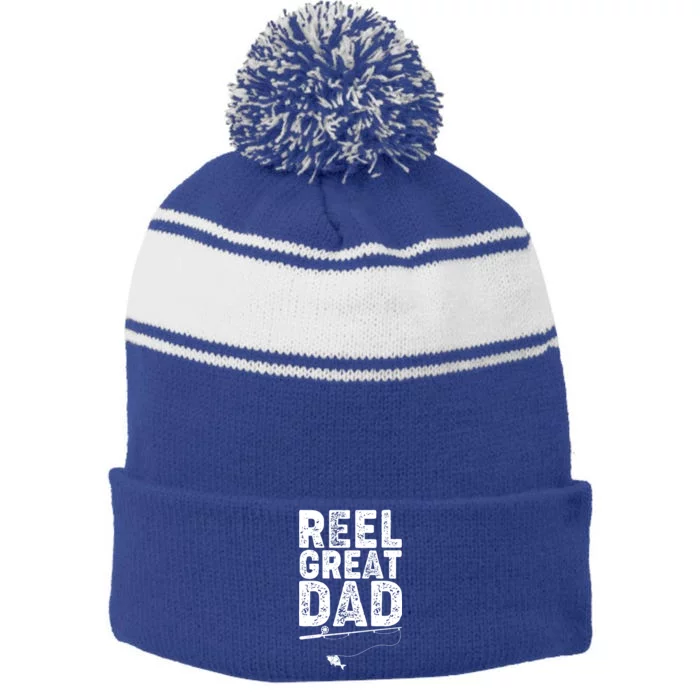 Funny Reel Great Dad Fishing Stripe Pom Pom Beanie