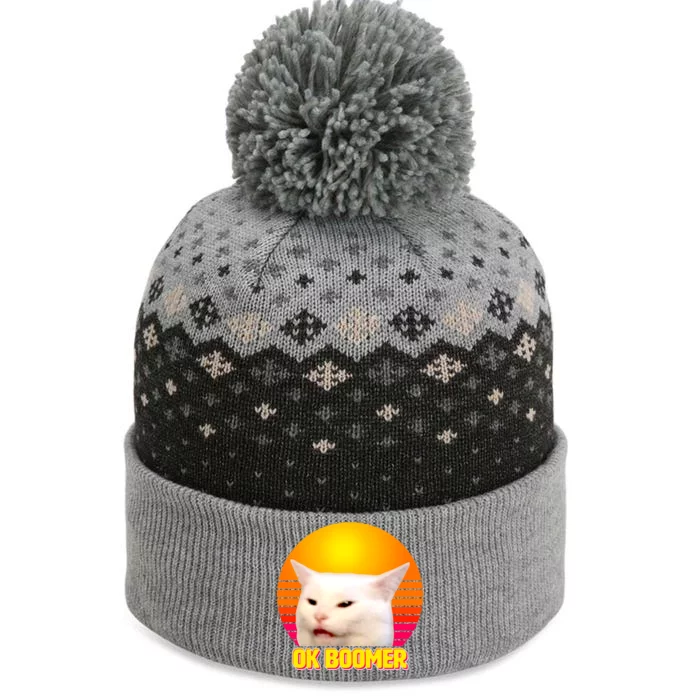 Funny Retro Table Cat OK Boomer Meme The Baniff Cuffed Pom Beanie