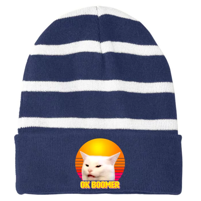 Funny Retro Table Cat OK Boomer Meme Striped Beanie with Solid Band