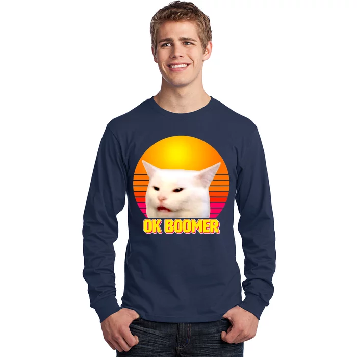 Funny Retro Table Cat OK Boomer Meme Long Sleeve Shirt