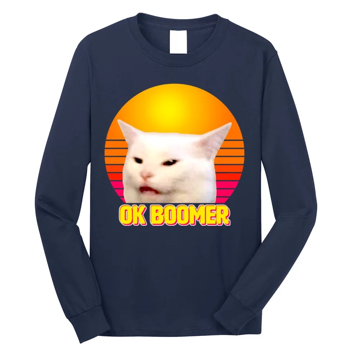 Funny Retro Table Cat OK Boomer Meme Long Sleeve Shirt