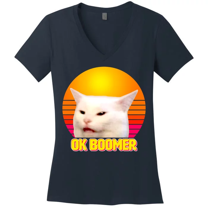 Funny Retro Table Cat OK Boomer Meme Women's V-Neck T-Shirt