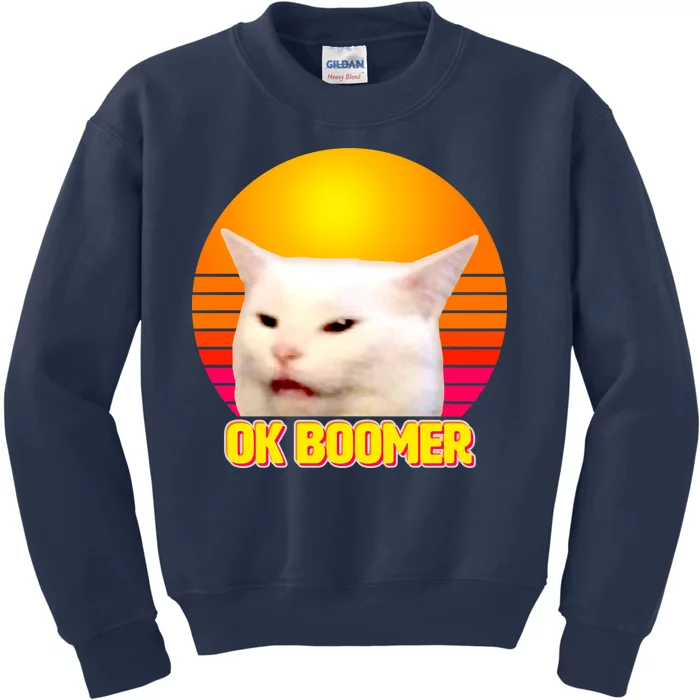 Funny Retro Table Cat OK Boomer Meme Kids Sweatshirt