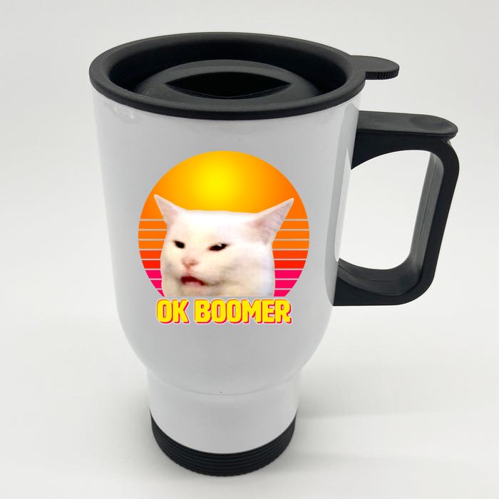 Funny Retro Table Cat OK Boomer Meme Front & Back Stainless Steel Travel Mug