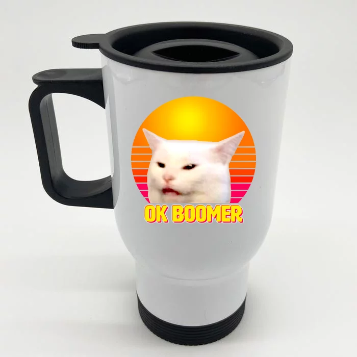 Funny Retro Table Cat OK Boomer Meme Front & Back Stainless Steel Travel Mug