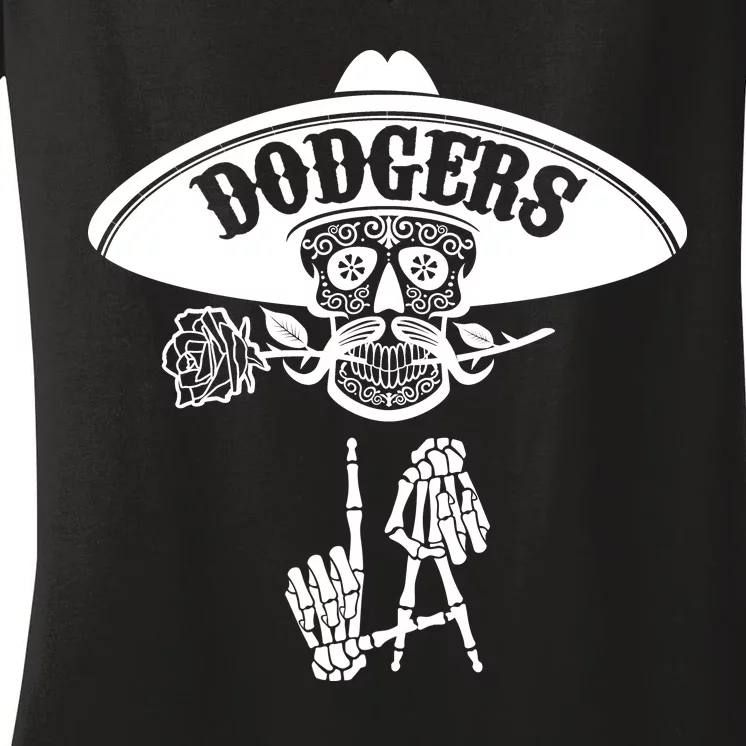 Funny Skull Dodgers Women's V-Neck T-Shirt