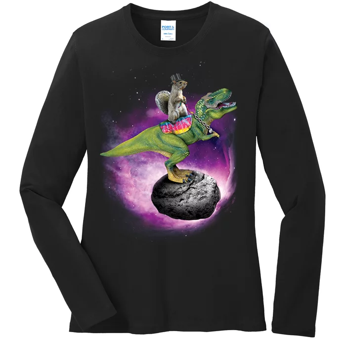 Funny Squirrel Riding T-Rex Space Galaxy Ladies Long Sleeve Shirt